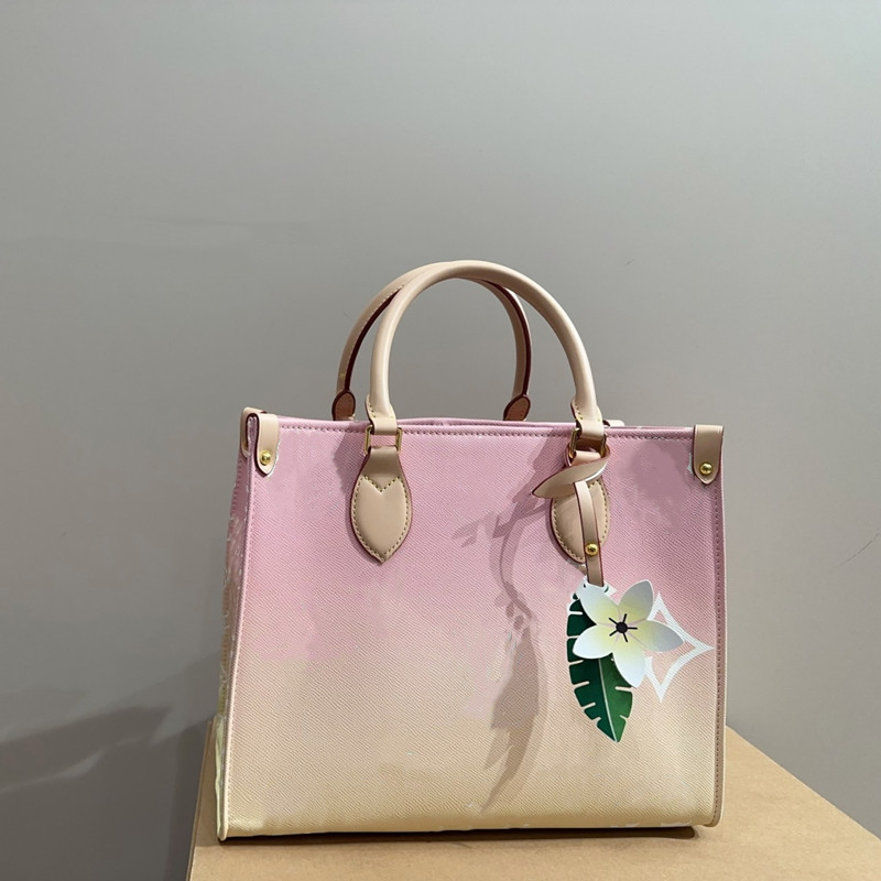 Designers Tote Bags PM On the Shopping Bags Women Gradient Color Canvas Handle Handbag Luxury Crossbody Shoulder Strap Bag With Flower pendant charm