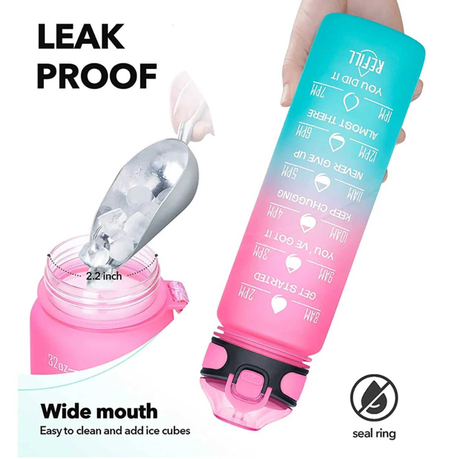 1L Sports Water Bottle with Straw and Time Marker Plastic Motivational Water Bottle Drinking Bottle Leakproof for Fitness GymW251114