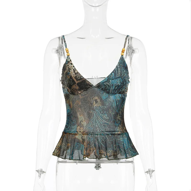 Sexy shoulder strap sleeveless vest fashionable womens patch work V-neck retro street top casual Y2K spring/summer T-shirt 250415