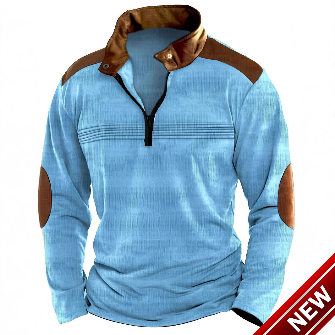 Ins new mens spliced polo shirt zipper long sleeved sports polo shirt