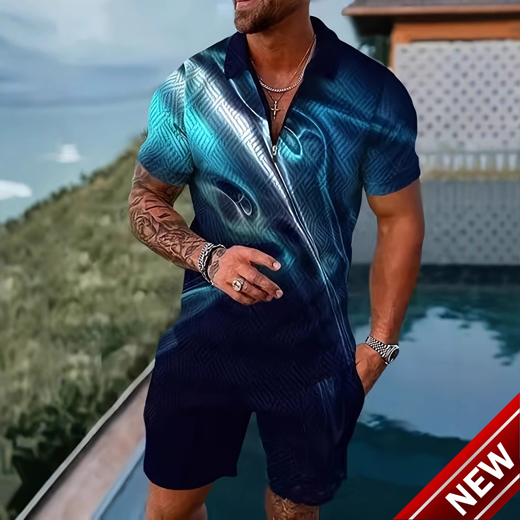 Summer mens 3D printed polo shirt set with collar short sleeved pullover mens T-shirt+two-piece set