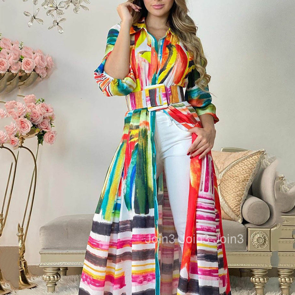 2025 Womens New Colorful Printed Strap Long Shirt Dress Loose Cardigan Long Skirt