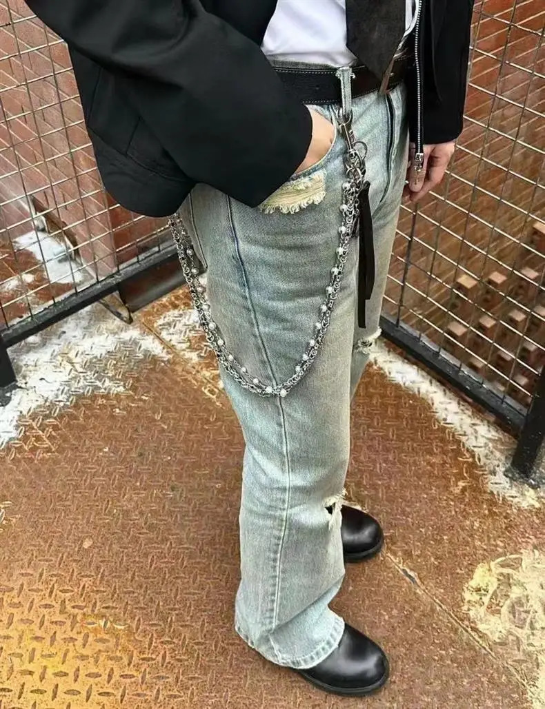 Retro Concise Bilayer Clamp Beads Biker Chain Sheepskin Sheath Hip Hop Punk Style Keychains For men y2k Pants Chain Accesories 250414