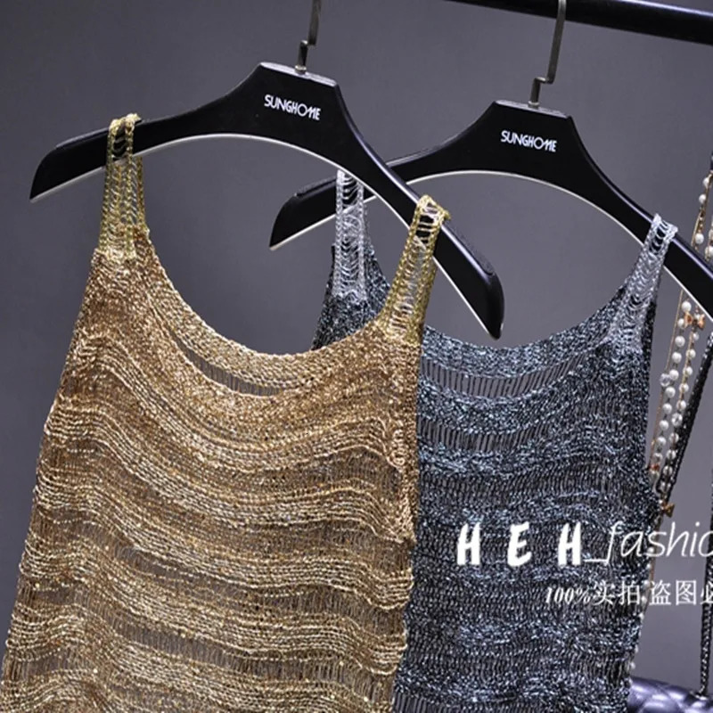 summer gold thread bright silk hollow camisole shiny thin sexy see-through top crop tops women tops for women 250415
