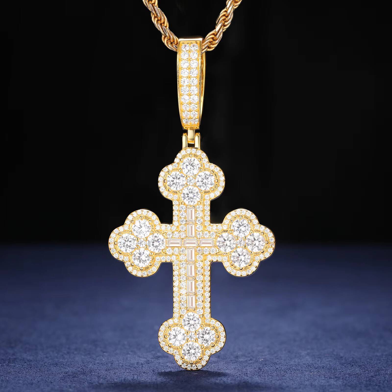 Fast Shipping Iced Out Baguette Iris Cross Pendant 925 Sterling Silver Gold Plated GRA Certified VVS Moissanite Charms Pendant