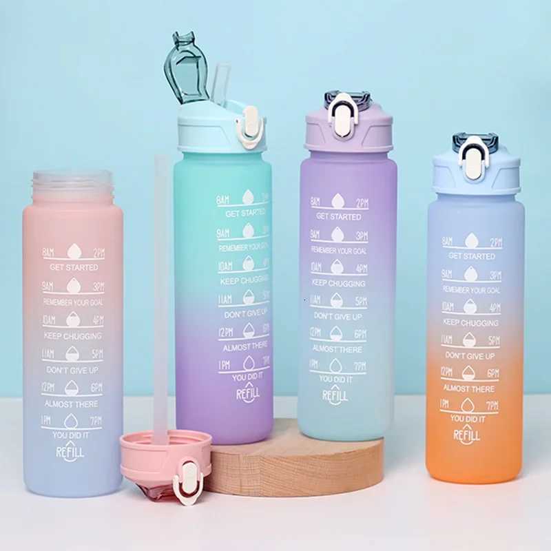 900ml Sports water Bottle High Temperature Resistant Graduated Straw Cup Rainbow Frosted Progressive Color Water Cup Plastic CupW251114