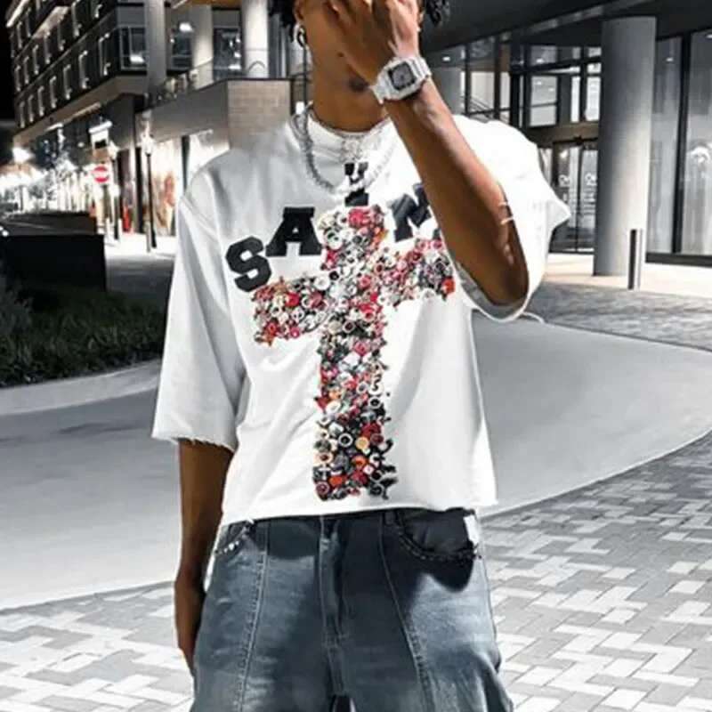 American Vintage Cross Oversized Fashion Trend Loose Short Sleeve T-Shirt Graphic T Shirts Women Clothes