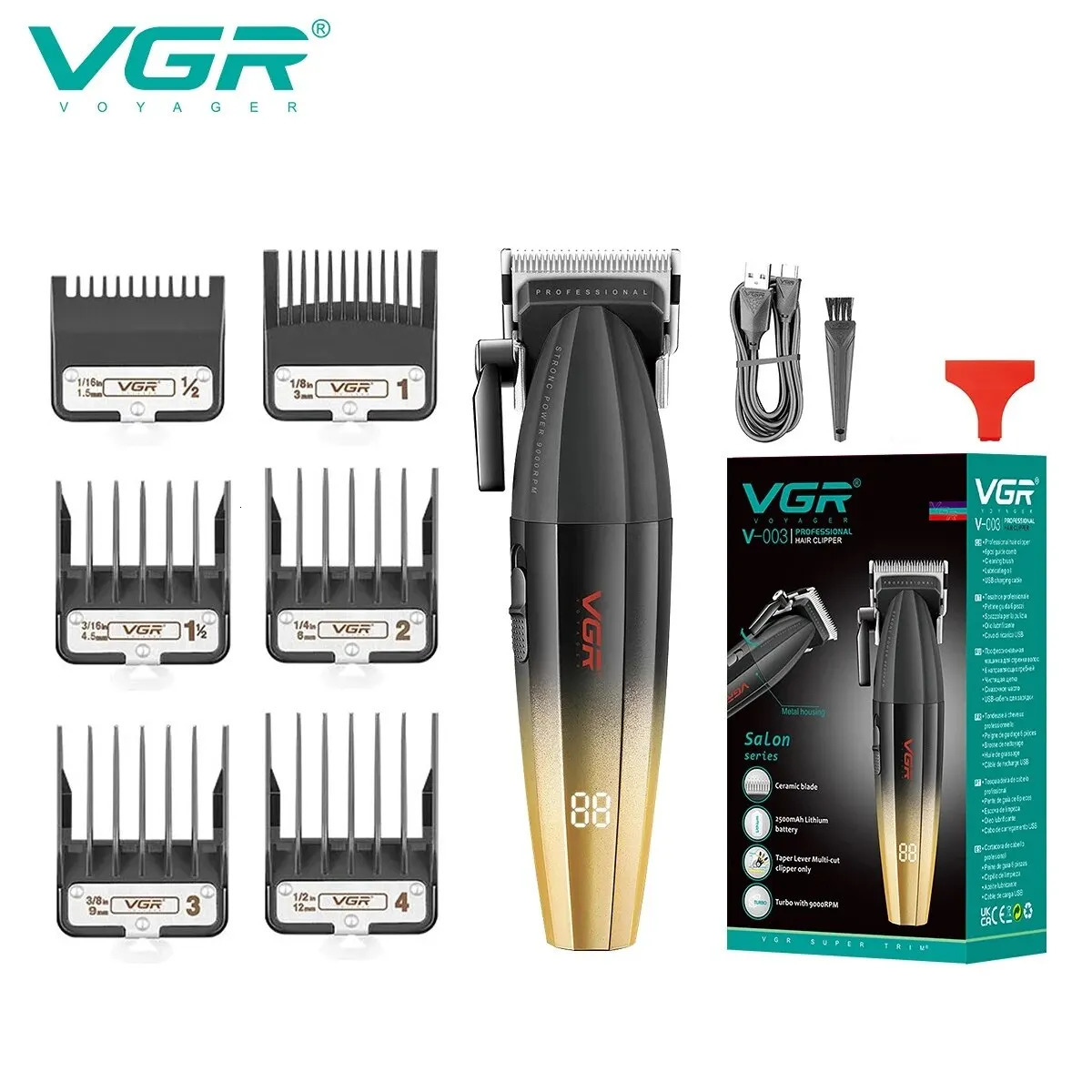 VGR Hair Clipper Professional Hair Trimmer Electric Clippers Cordless Hair Cutting Machine 9000RPM Trimmer Clipper for Men V-003 250409