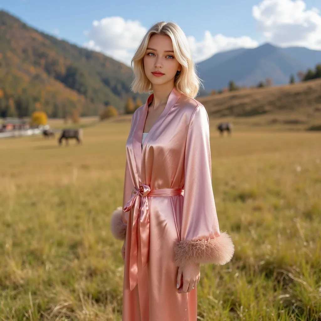 Womens Satin Robes Full Length Kimono Long Sleeve Silk Bathrobe Cuff Fur Trim Long Belted Robes Bridesmaids Bride Sleepwear C251115