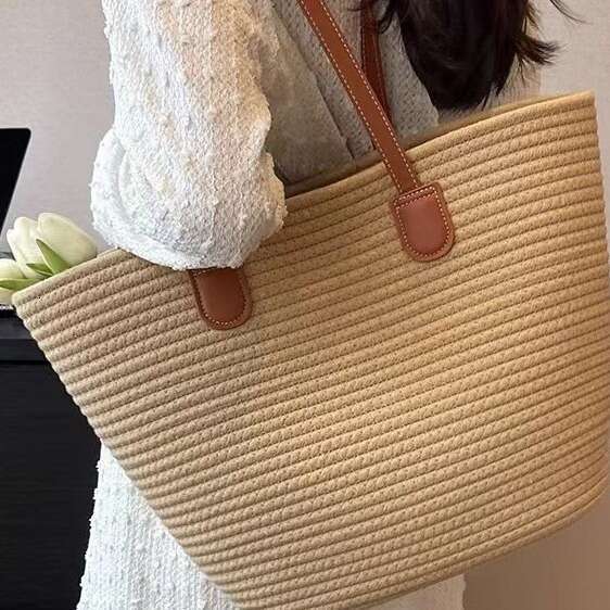Handmade Beach Bag Cotton Rope Straw For Women, Large Capacity 2023 New Woven Shoulder Bag, High-End Sensory Communication Tote Bag Kq2