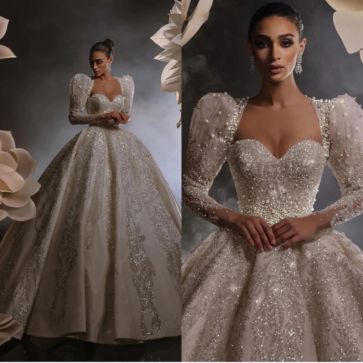 Exquisite Ball Gown Wedding Dress Sweetheart Neck Long Sleeves Bridal Gowns Sequins Pearls Sweep Train Dresses Custom Made vestidos de novia