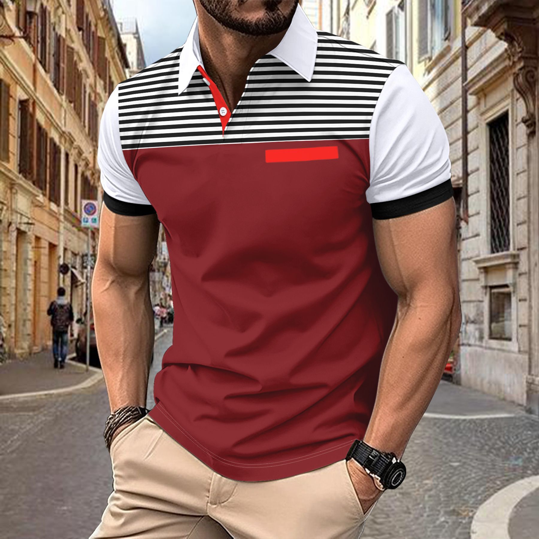 Summer new mens polo shirt casual breathable striped printed short sleeved polo shirt