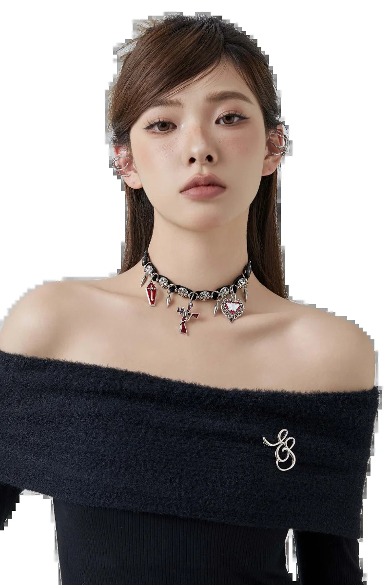 Original leather suffocating punk deep red cross necklace river pendant suffocating 250408