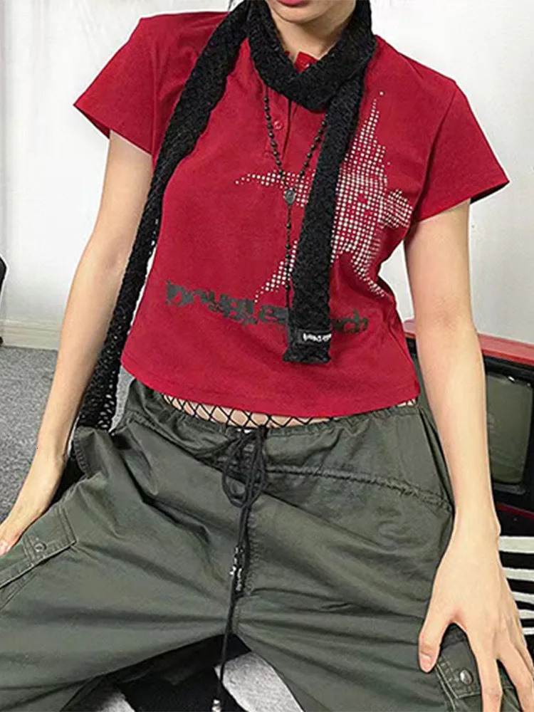 Harajuku Crop Top Japanese Style Star Pattern Round Neck Short Sleeve T Shirts Graphic Tee y2k Women Clothes Streetwear 250415