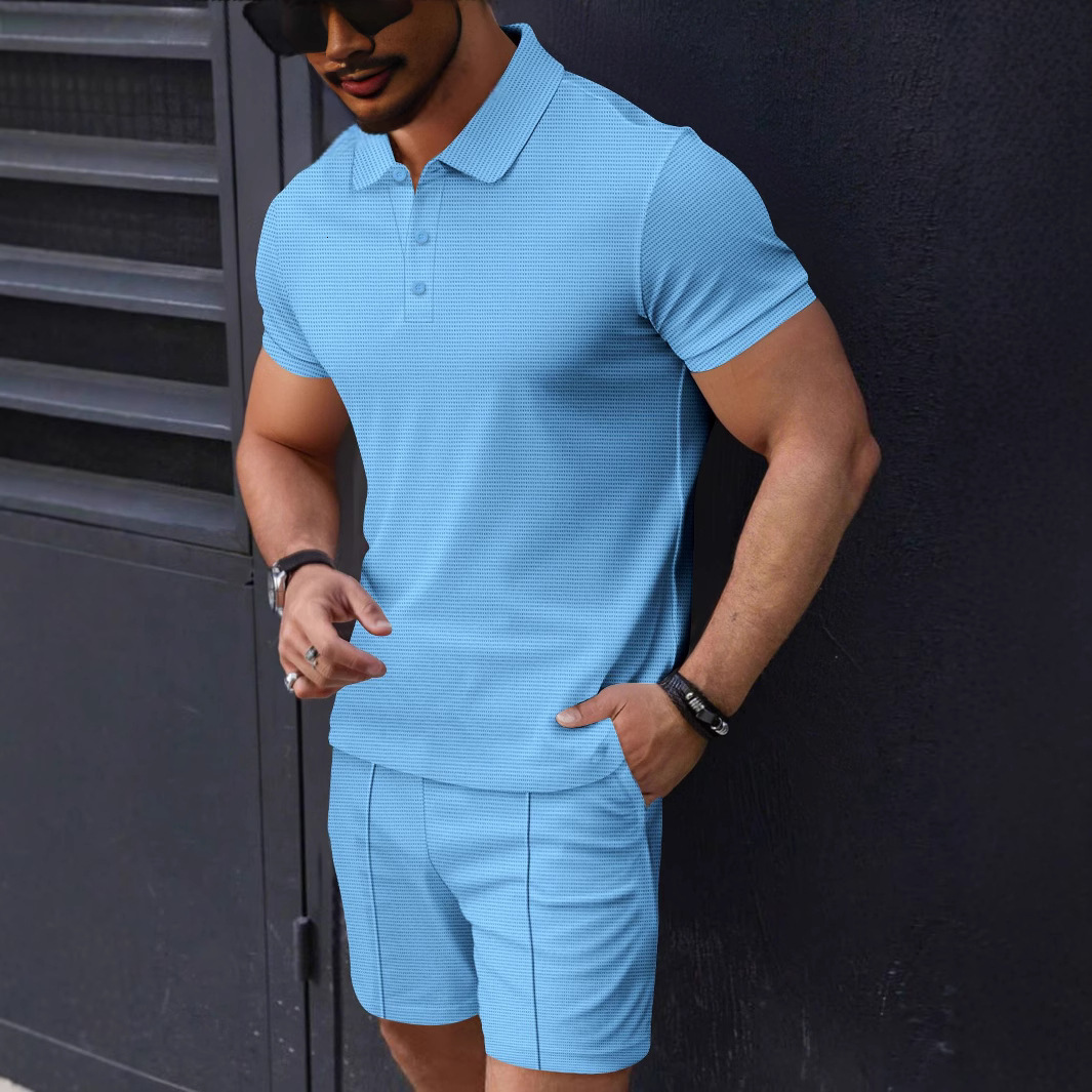 Summer fashion mens small square solid color lapel short sleeved polo shirt shorts casual breathable set