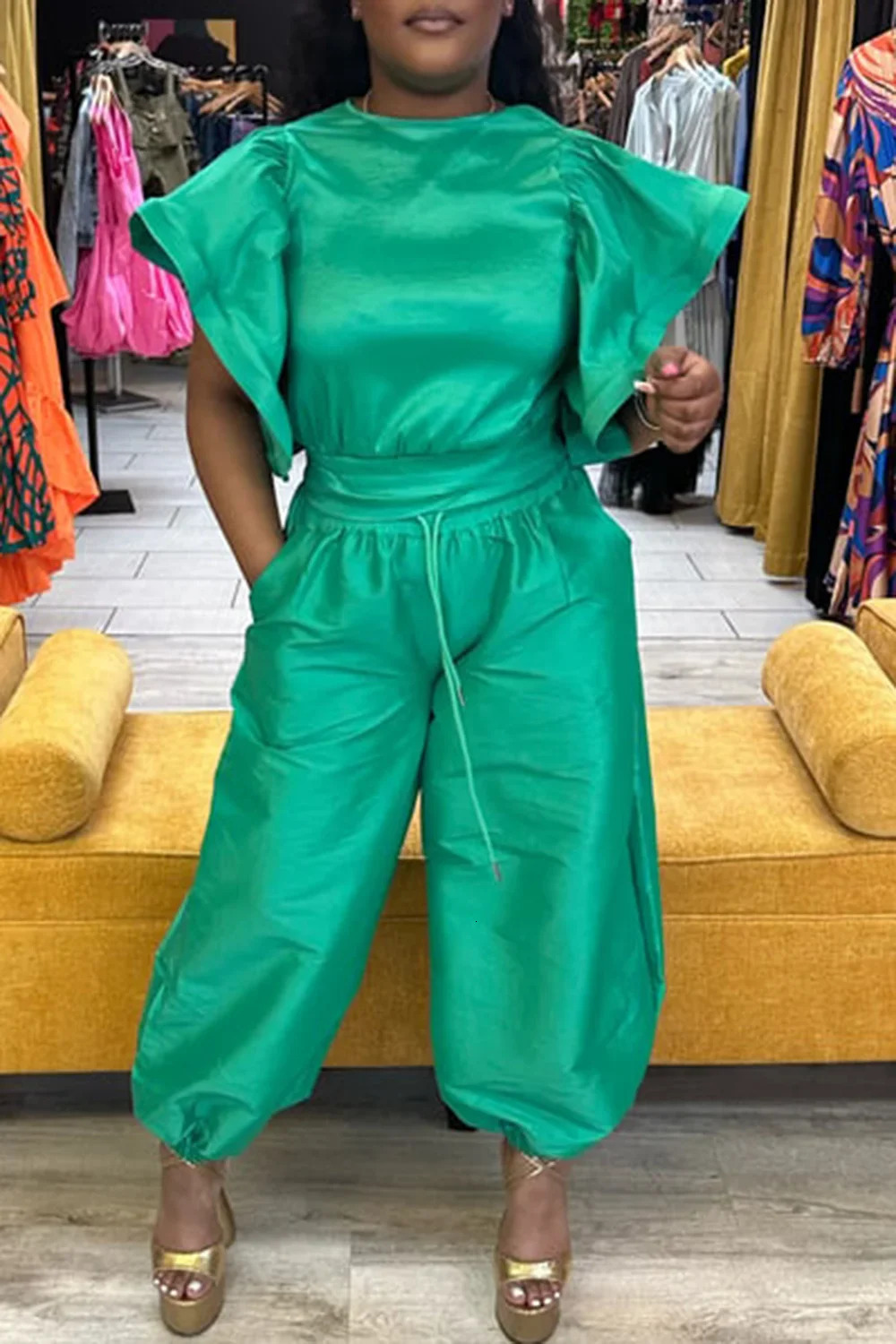 Womens Plus Size Matching Set Round Neck Flutter Sleeves Short Sleeve Tops and Loose Trousers Casual Two Pieces Sets for Summer 250410