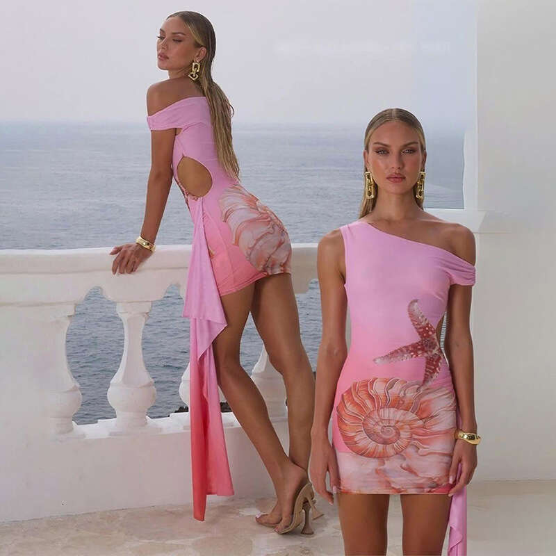 Women's Wear Summer New Women's Fashion And Sexy Abstract Printed Slant Shoulder Slimming Design Drift Belt Dress