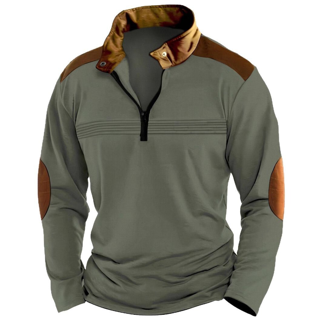 Ins new mens spliced polo shirt zipper long sleeved sports polo shirt