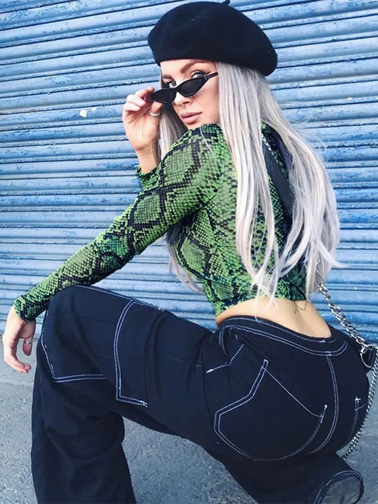 Casual Green Snake Print T Shirt Women Mesh Top Long Sleeve Transparent Snakeskin Female T-shirt High Neck Crop Tops 250415