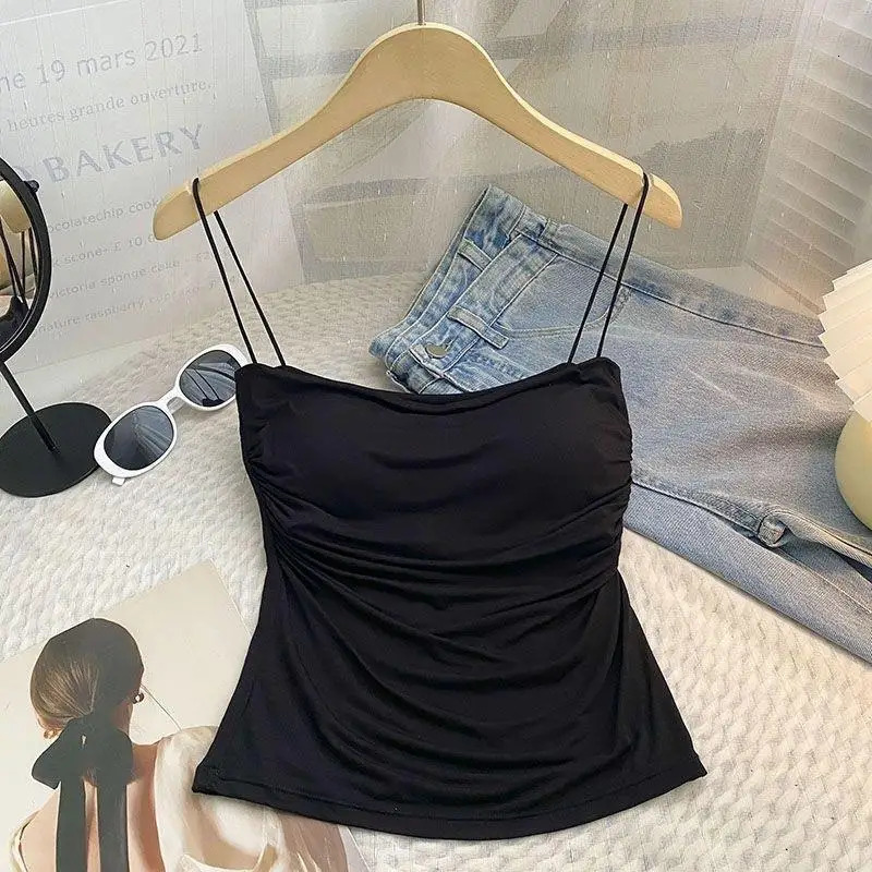 Summer vest womens top builtin bra spaghetti strap sleeveless Tshirt cropped solid color casual 250414Z