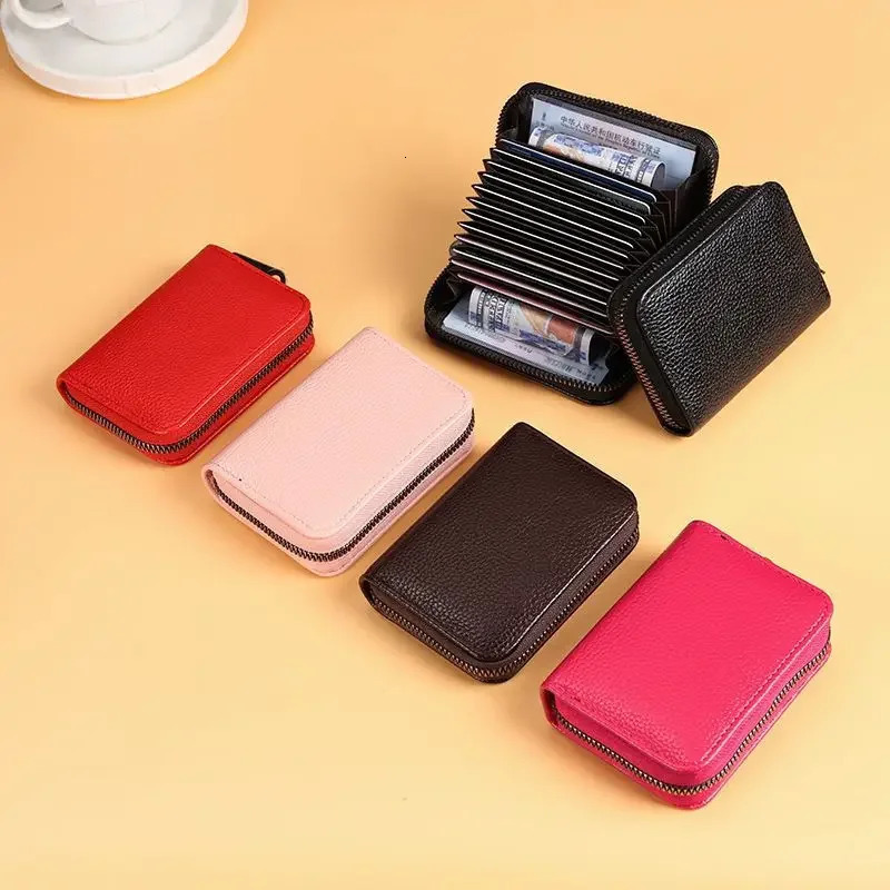Multi Slot Card Holder Vintage Small Wallet Women Men Business Bank Credit Card Bag Male Coin Pouch Solid Leather Zipper Wallet 250414