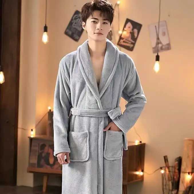 Belt Robe for Men Sleepwear Bathrobe Winter Night Wears Warm Fleece Pajama Solid One Piece Nightgown Pocket Homewear 2025 New C251115