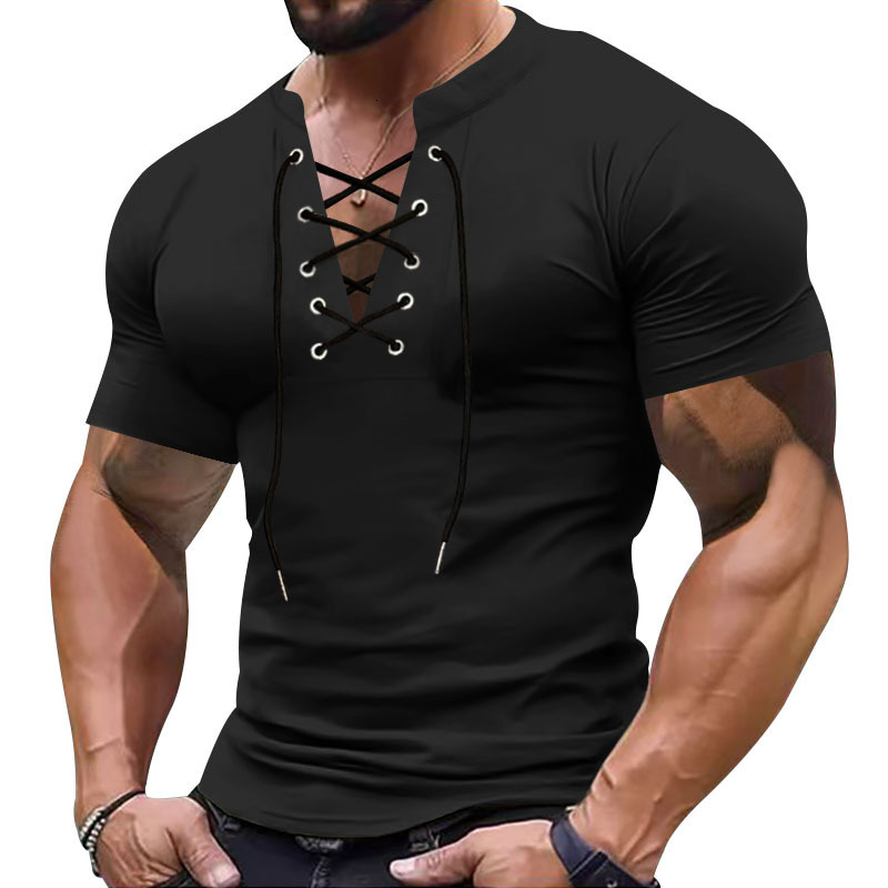Large size summer men's T-shirt V-neck tie casual sports short sleeved men