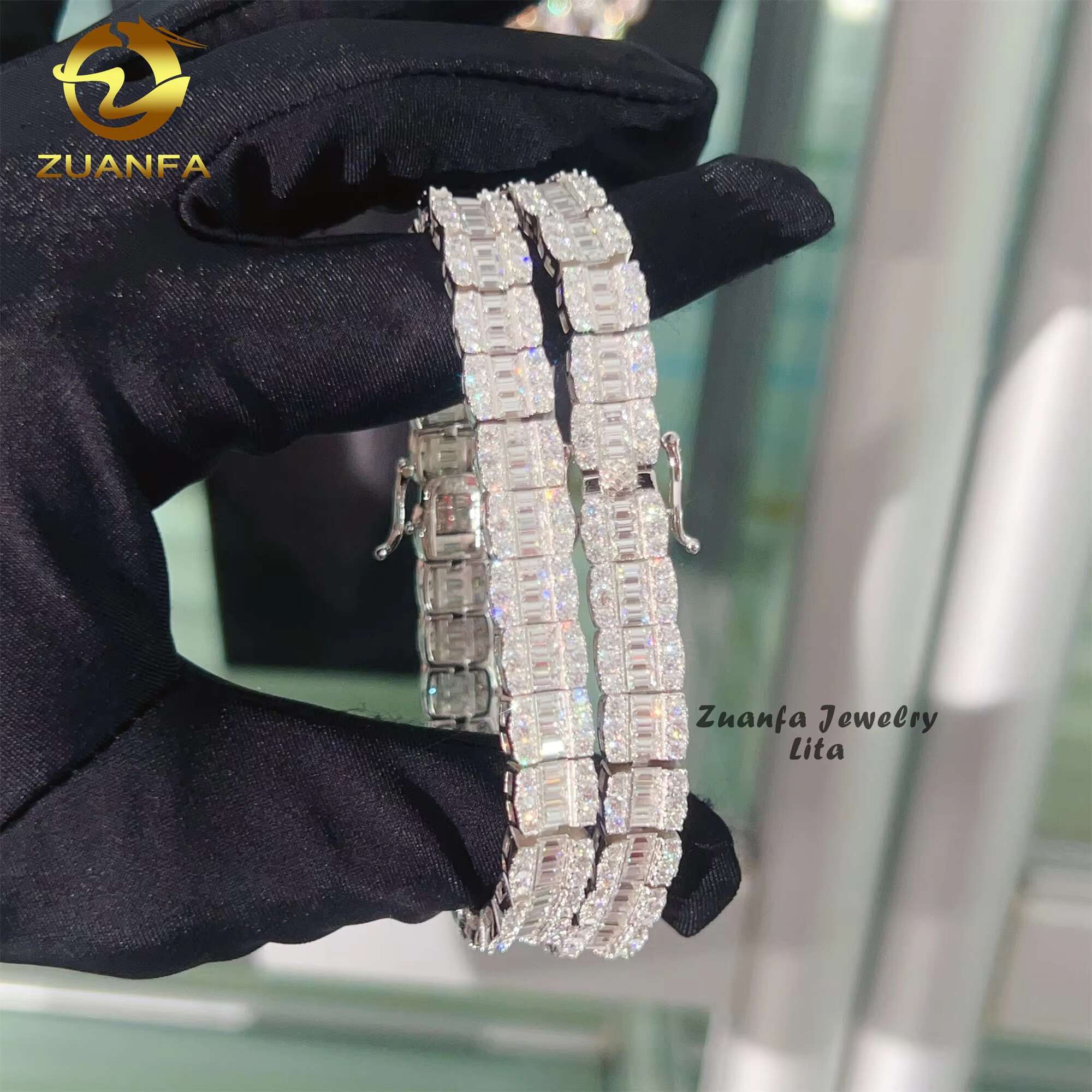 Luxury Design Baguette Diamond Hip Hop 8MM Moissanite Tennis Chain 925 Silver Cuban Link Chain Bracelet