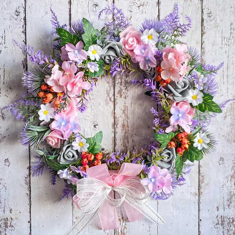 Yannew Spring Vivid Artificial Flowers Wreaths for Front Door with Bow Tie Lemon Rose Floral Wreath for Wall Window Home DcorM251115