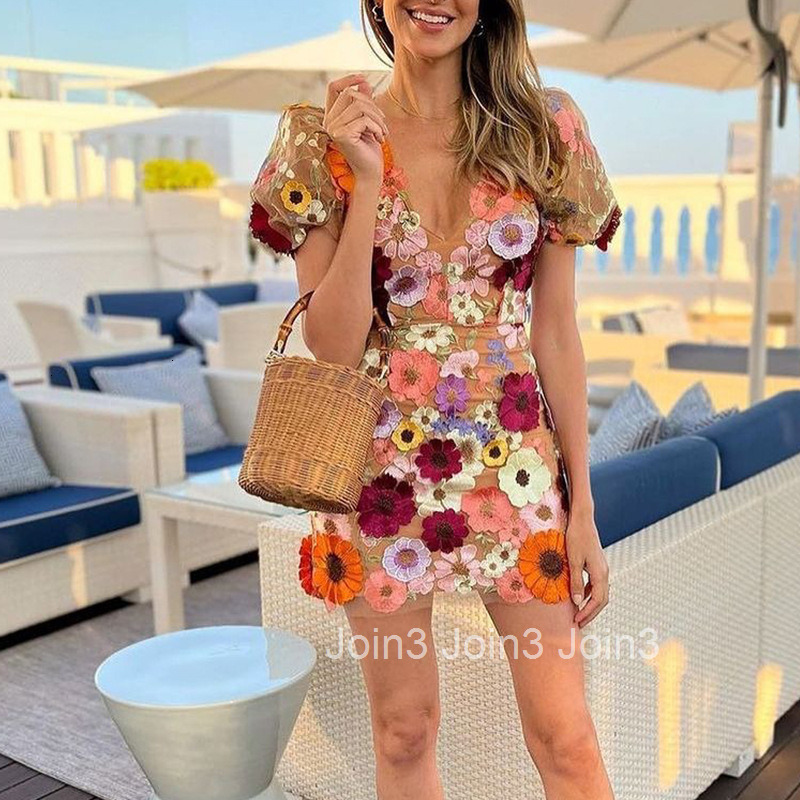 Ins New V-neck Three-dimensional Flower Wrap Buttocks Lantern Sleeve Dress Sexy Embroidered Dress