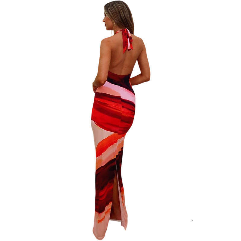 Women's Wear Spring New Women's Fashion Sexy Hanging Neck Strap Off Back Contrast Printed Bag Hip Dress Long Skirt