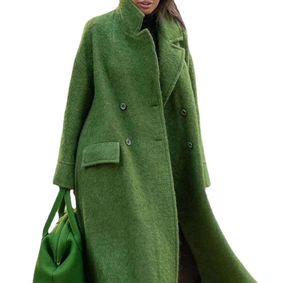 Autumn And Winter Long Solid Color Temperament Commuter Belt-Less Lapel Loose Tweed Green Coat