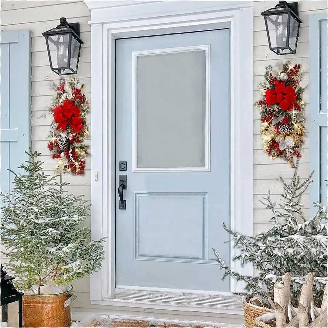 New Christmas LED Artificial Garland Colorful Christmas Wreath With Big Bow Ball Window Front Door Wall Fireplace Staircase DecoM251115