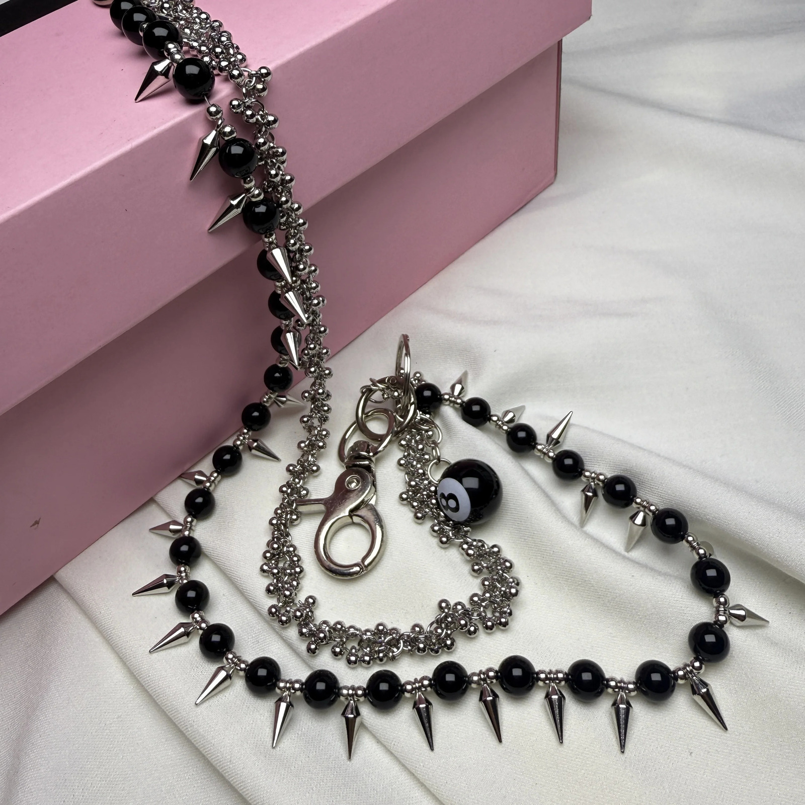 Original handmade denim pants chain exquisite high-end ultra bright black agate stone punk style keychain pendant 250414