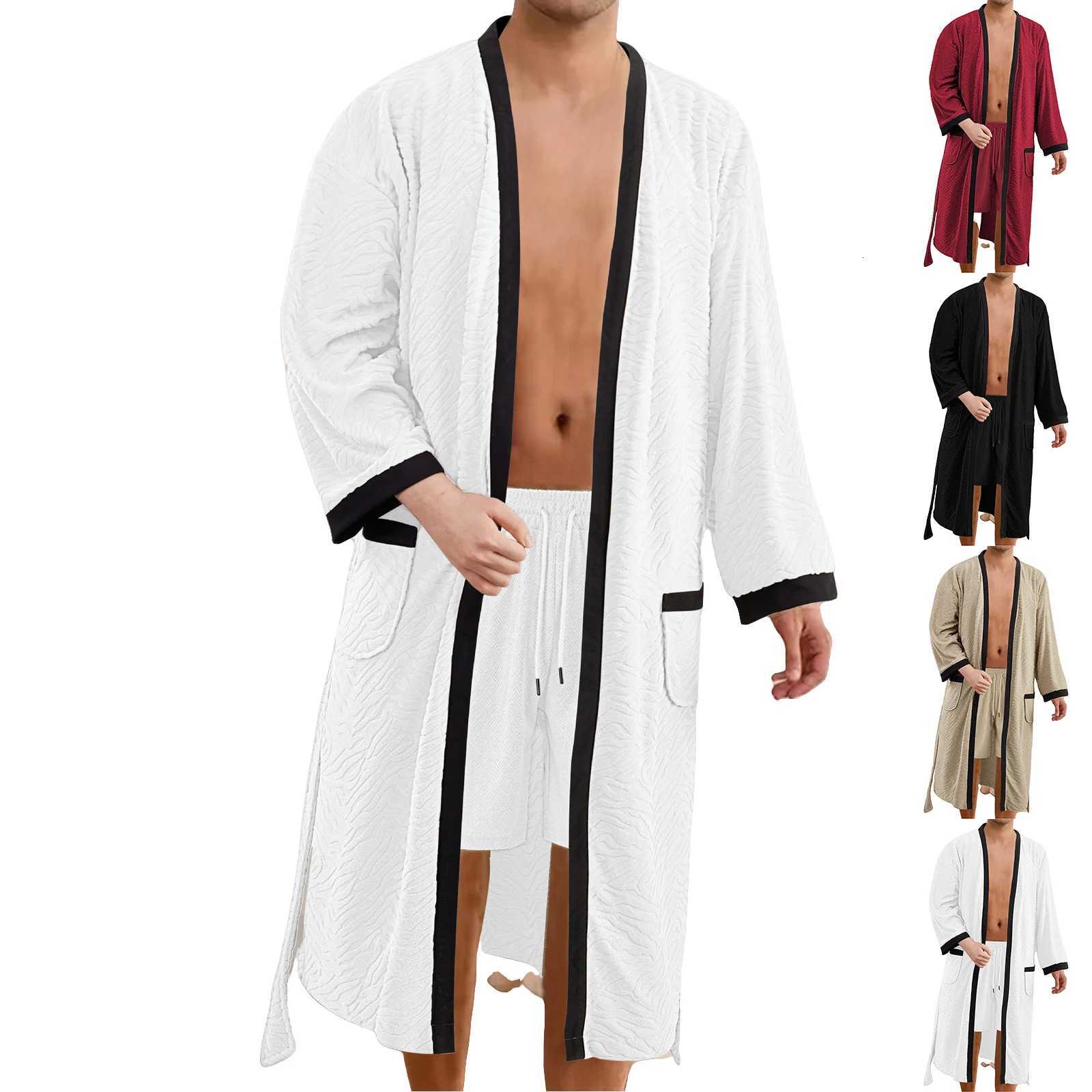 Mens Long Jacquard Soft Belted Bathrobe Solid Color Loose and Comfortable Bath Robe Male Autumn Winter Casual Homewear Pajamas C251115