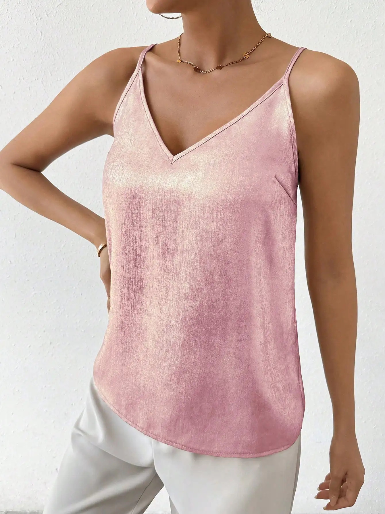 Casual and elegant womens vest thin strap solid color sparkling 250414Z
