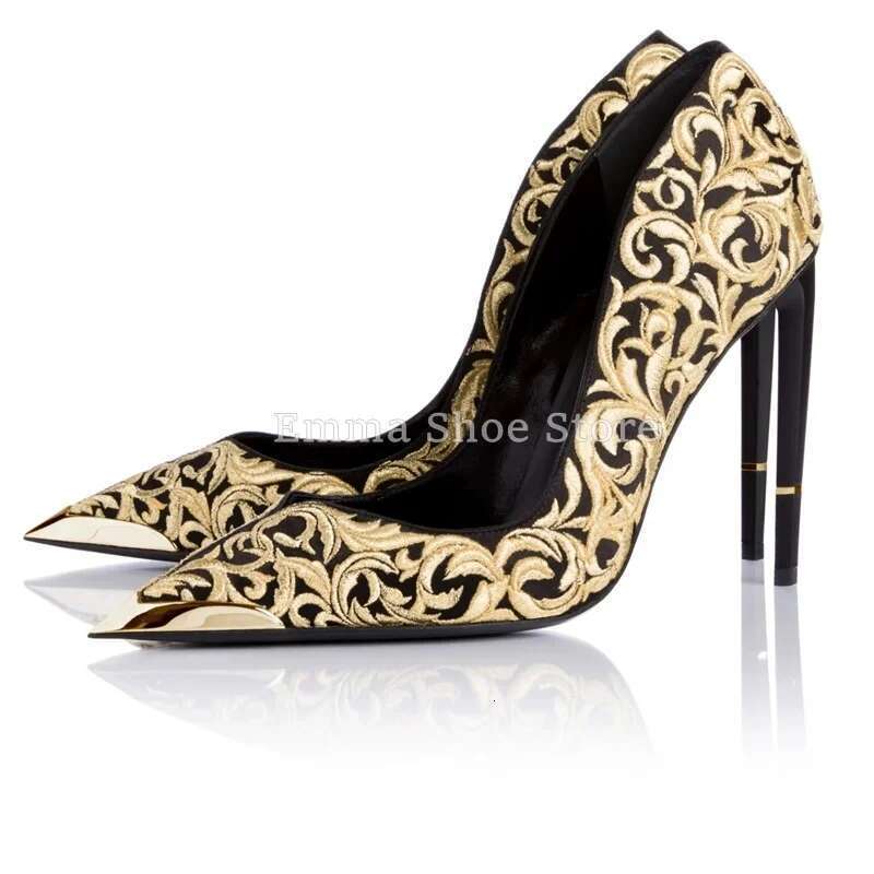 2024 Roman Embroidery Pointed Toe Stiletto High Heel Women's Pumps Gold Designer Versatile Dress Banquet Wedding Shoes