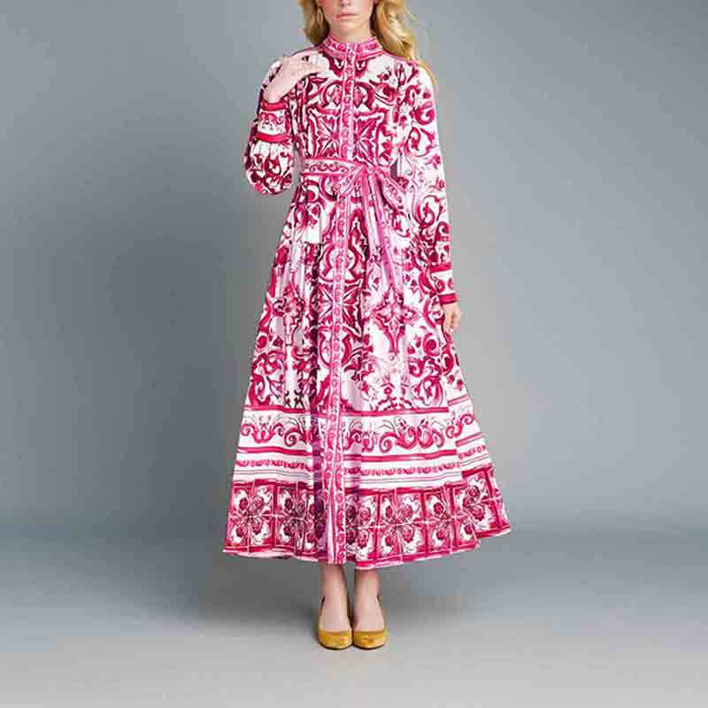 V42Chic and Trendy Women's Long Swing Dress Featuring Delicate Prints and Sophisticated Lacing