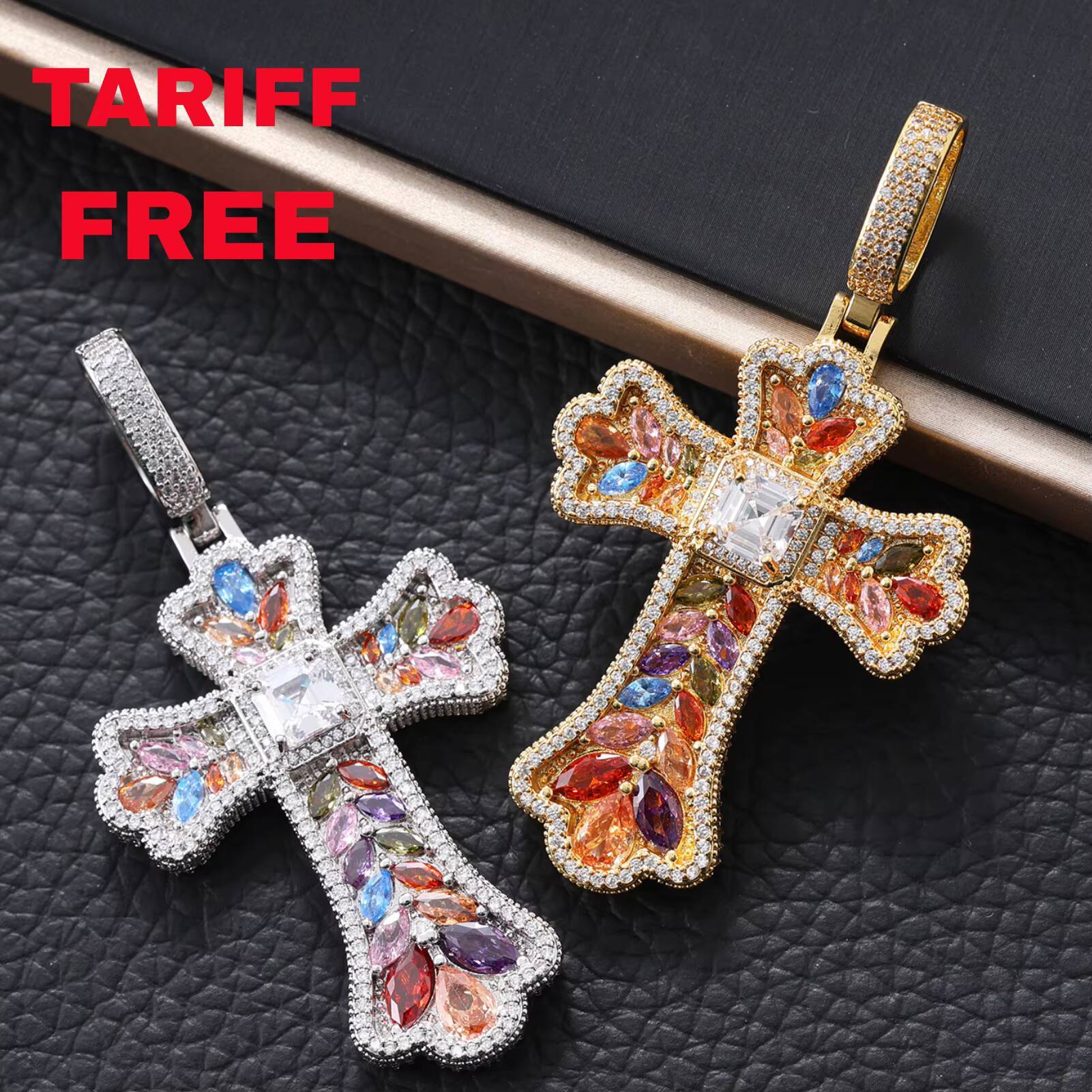 Hot Selling Colorful Cross Pendant with a Large Diamond Baguette CZ Waterproof Pendant Necklace for Gift