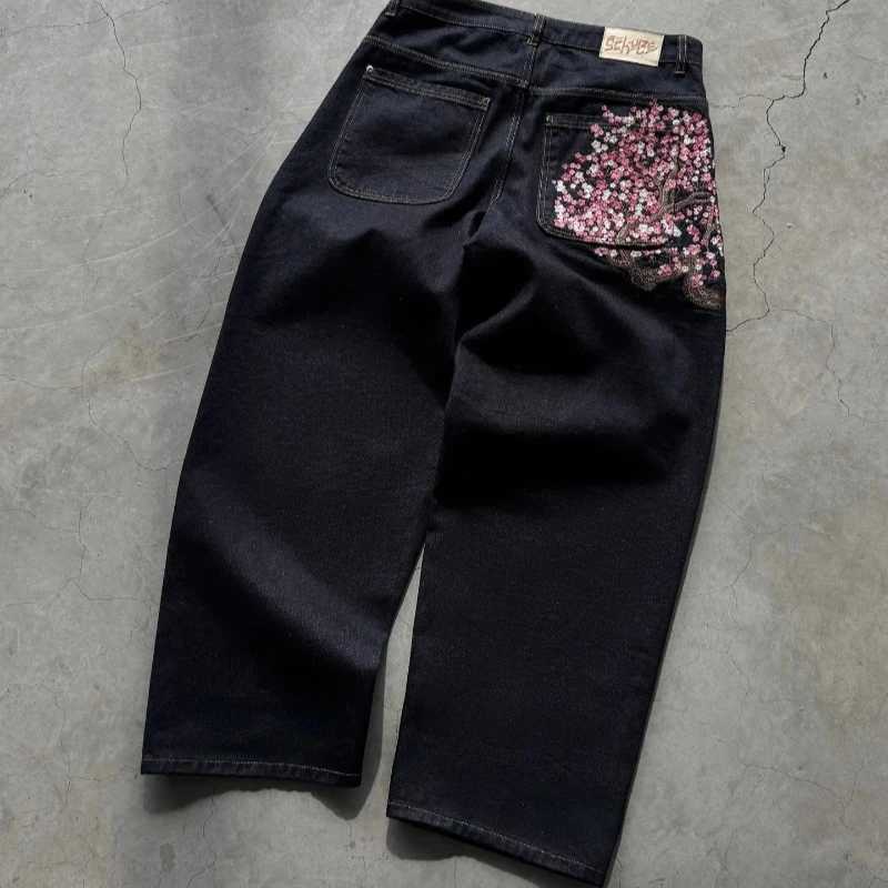Plum Blossom Embroidered Pattern Jeans Y2K Loose Mens Zipper Jeans Wide Leg Pants Gothic Harajuku American Strtwear X250415