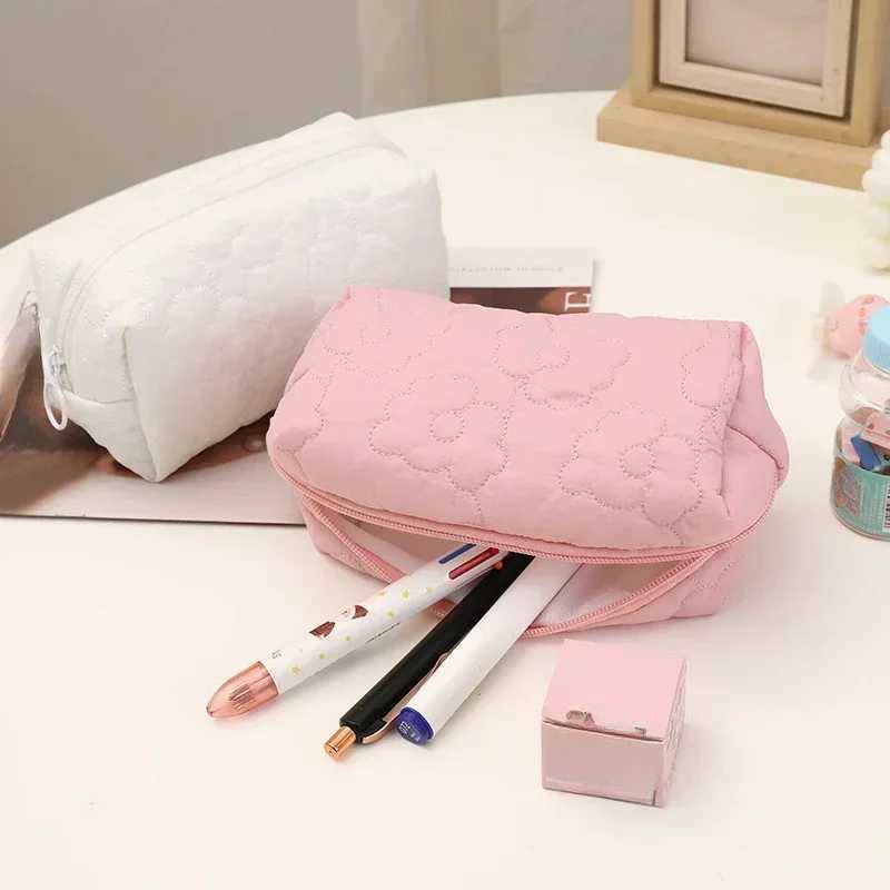 Womens pink and white cotton embroidered pillow makeup bag large capacity makeup organizer bag portable travel storage bagXJ250415
