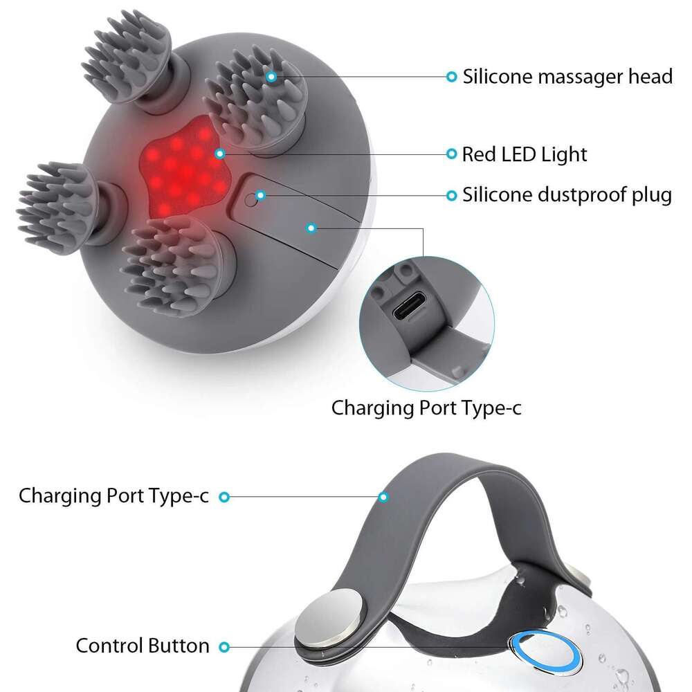 Portable Head Massager with 8 Silicone Massage Heads Scalp Kneading Vibrating Device USB Charging for Hair Growth Stress Relax