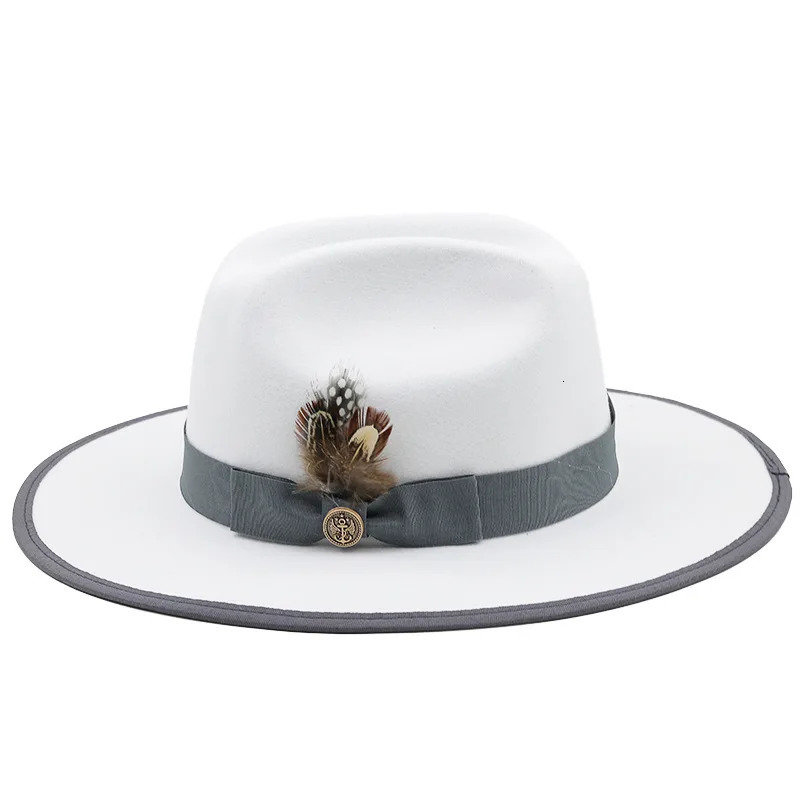 White Fedora Hats with Feather Band Faux Woolen Top Hat Men Flat Brim Jazz Panama Cap Women Elegant Party Jazz Church Hats 250407