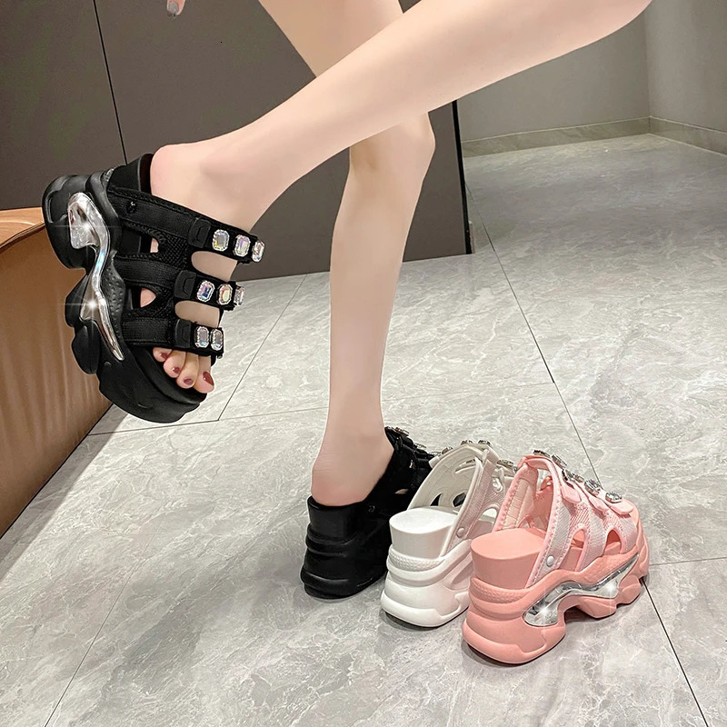 Summer breathable mesh slippers for womens outdoor short and chubby sandals wedge platform pearl shoes for womens beach flip 10.5CM 250408