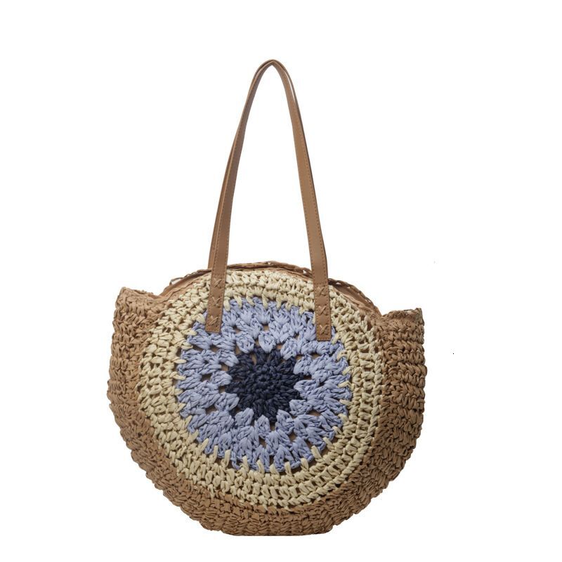 Women's Large Color Block Vacation Beach Round Zipper Straw Bag