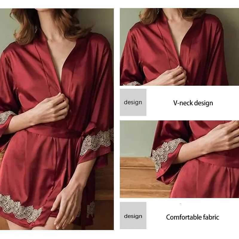 Ladies Red Sexy Lace Embroidered Flower Satin Belt Robe Temptation Satin Red V-Neck Sexy Robe Women Sexy Pajamas C251115