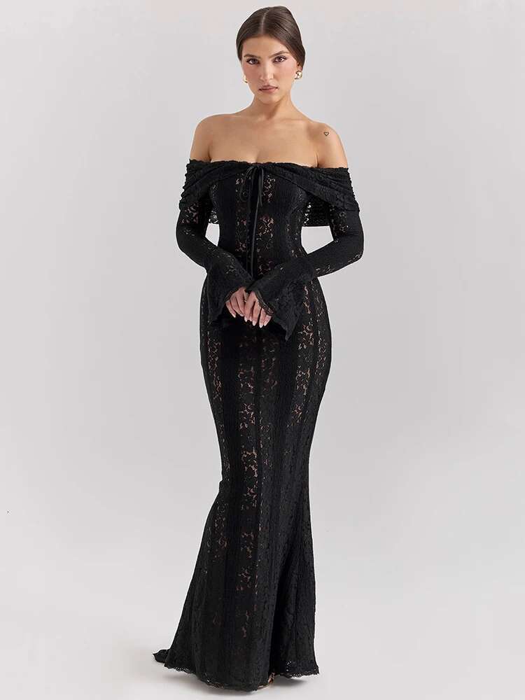 Mozision Lace Off-shoulder Sexy Maxi Women Strapless Backless Sleeve Bodycon Evening Club Party Long Dress Elegant