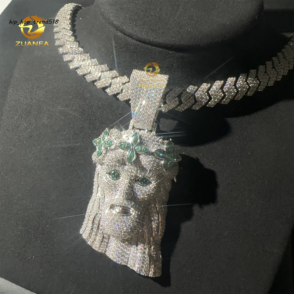 2.5 Fashion Man Jewelry Hip Hop Pendant 925 Silver Blue Green Marquise Moissanite Diamond Jesus Pendant Miami Cuban Link Chain