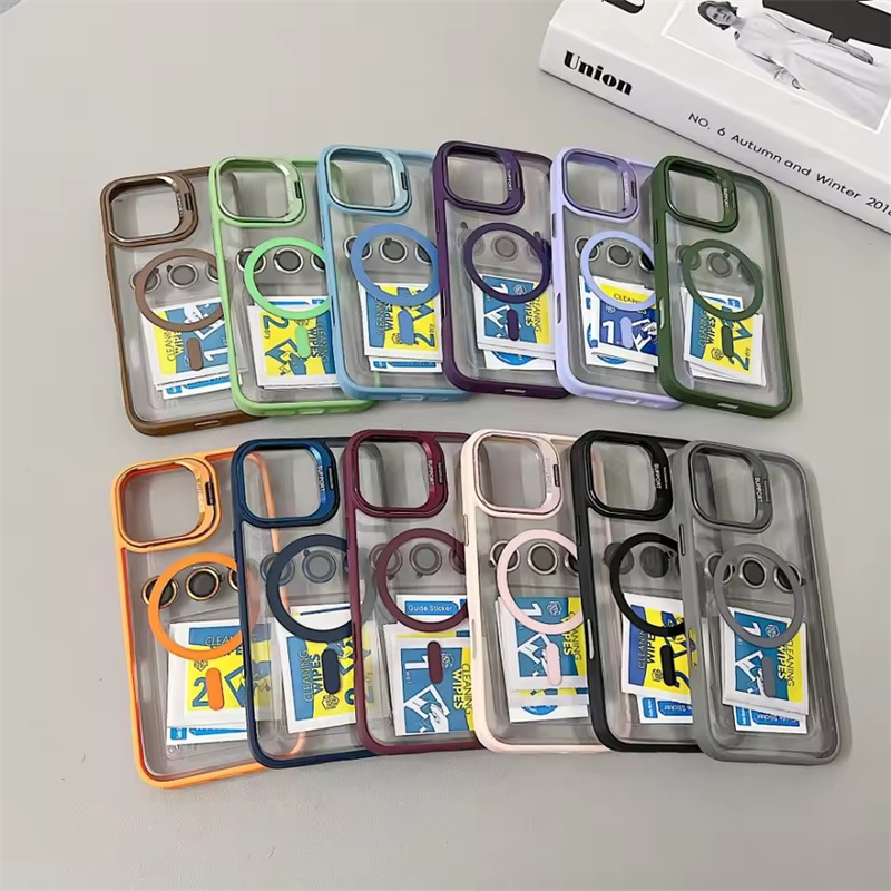 Clear Protective Cover For iPhone 16 16e 15 14 Plus 13 12 11 Pro Max Luxury Magsafe Magnetic Lens Holder Stand Phone Case