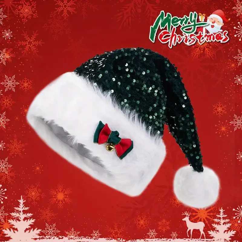 New Christmas Hat Red Sequin Bowknot Design Double Layer Plush Extra Thickened Long Furry Decorative Christmas Cap for Holiday Y251115